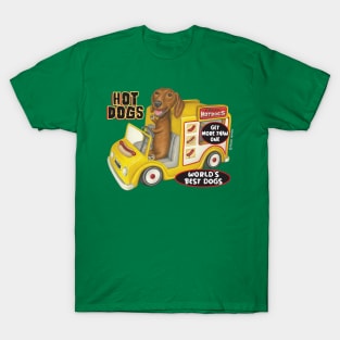 fun cute awesome Doxie Dachshund in Yellow Hotdog Truck T-Shirt